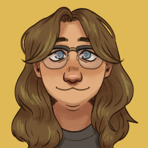 Illustration of Mads. They are a light-skinned, blue-eyed individual with glasses and long ambiguously brown/blonde hair.